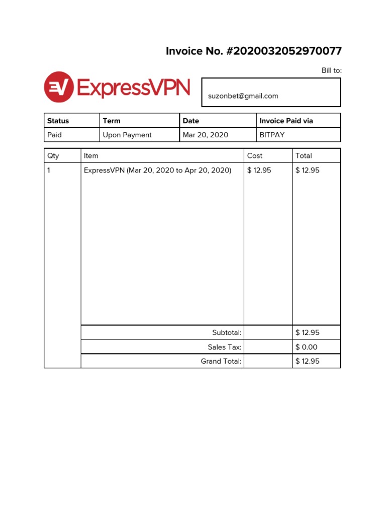 ExpressVPN Invoice #2020032052970077 | PDF