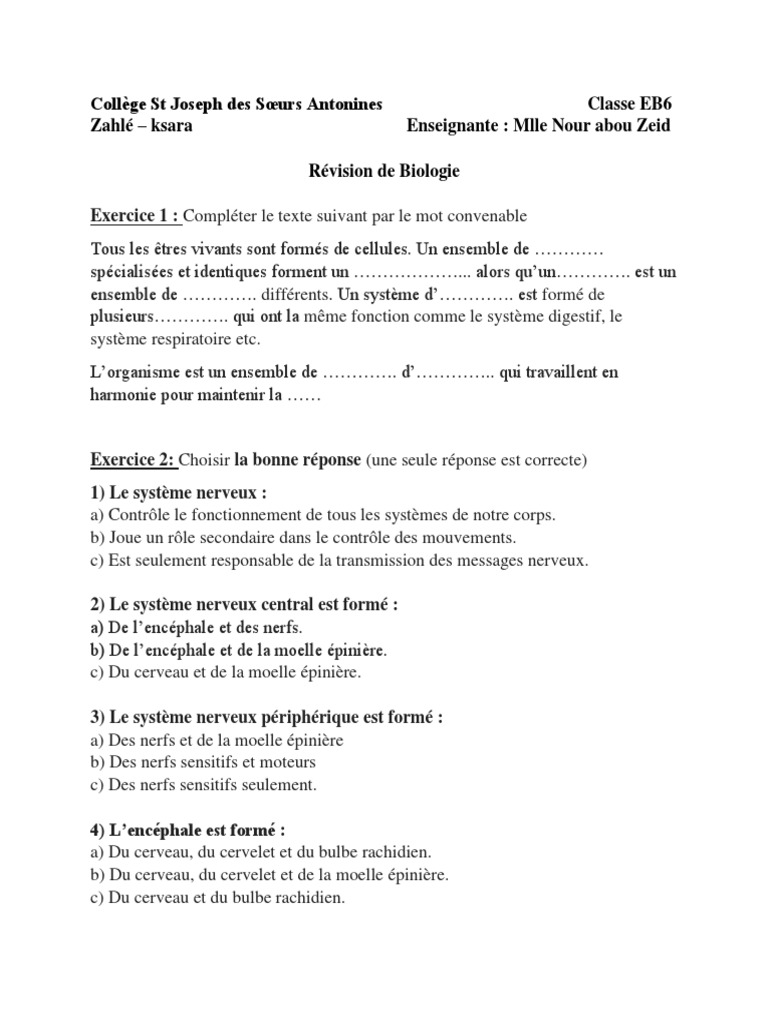 Exercices Corrigés Controle Svt 6ème Cellule Pdf Revision Eb6 | PDF | Nerf | Système nerveux