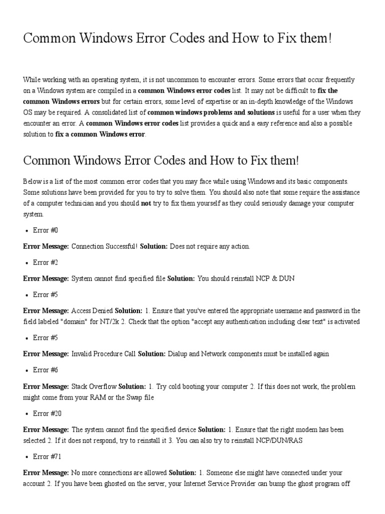 Common Windows Error Codes and How To Fix Them! | PDF | Radius ...