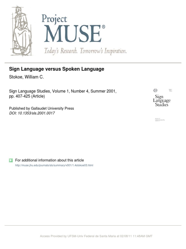 Sign Language Versus Spoken Language Stokoe, William C PDF Sign
