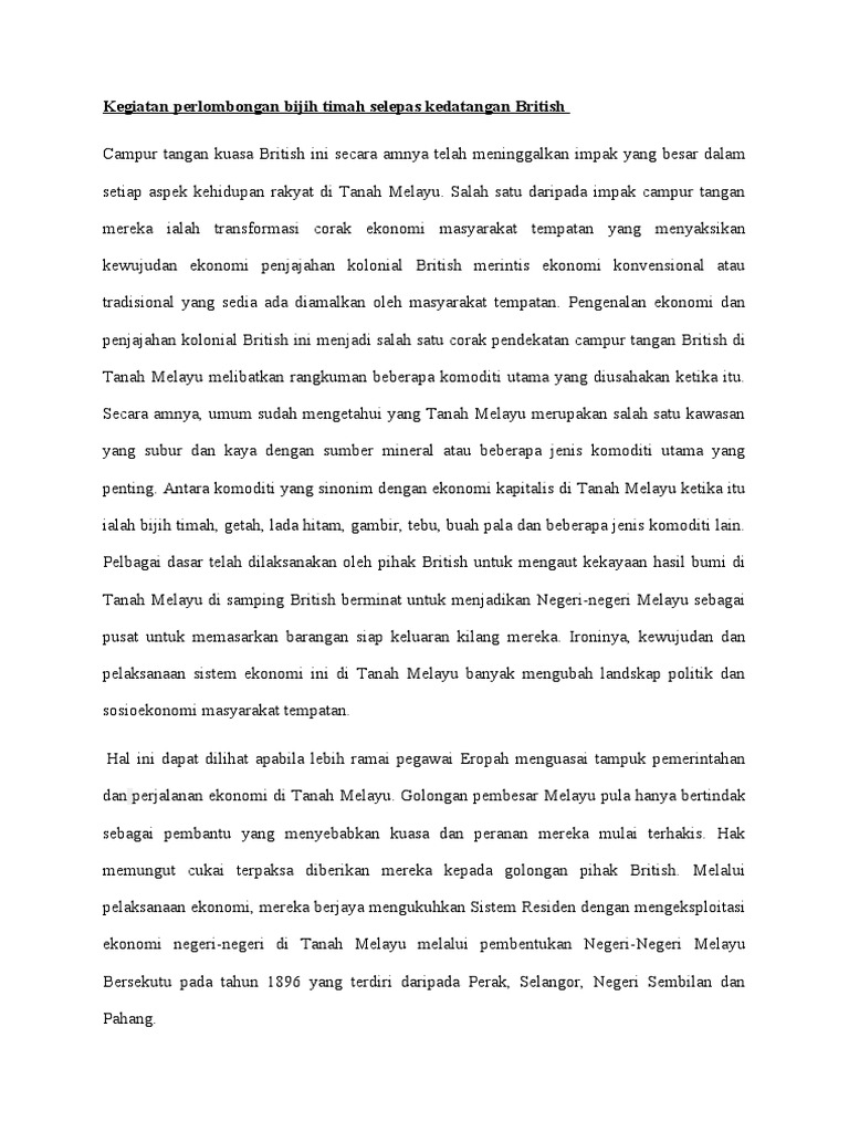 Kegiatan Perlombongan Bijih Timah Selepas Kedatangan British  PDF