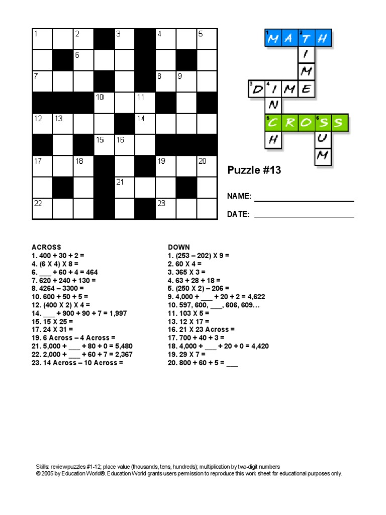 Multiplication Crossword | PDF