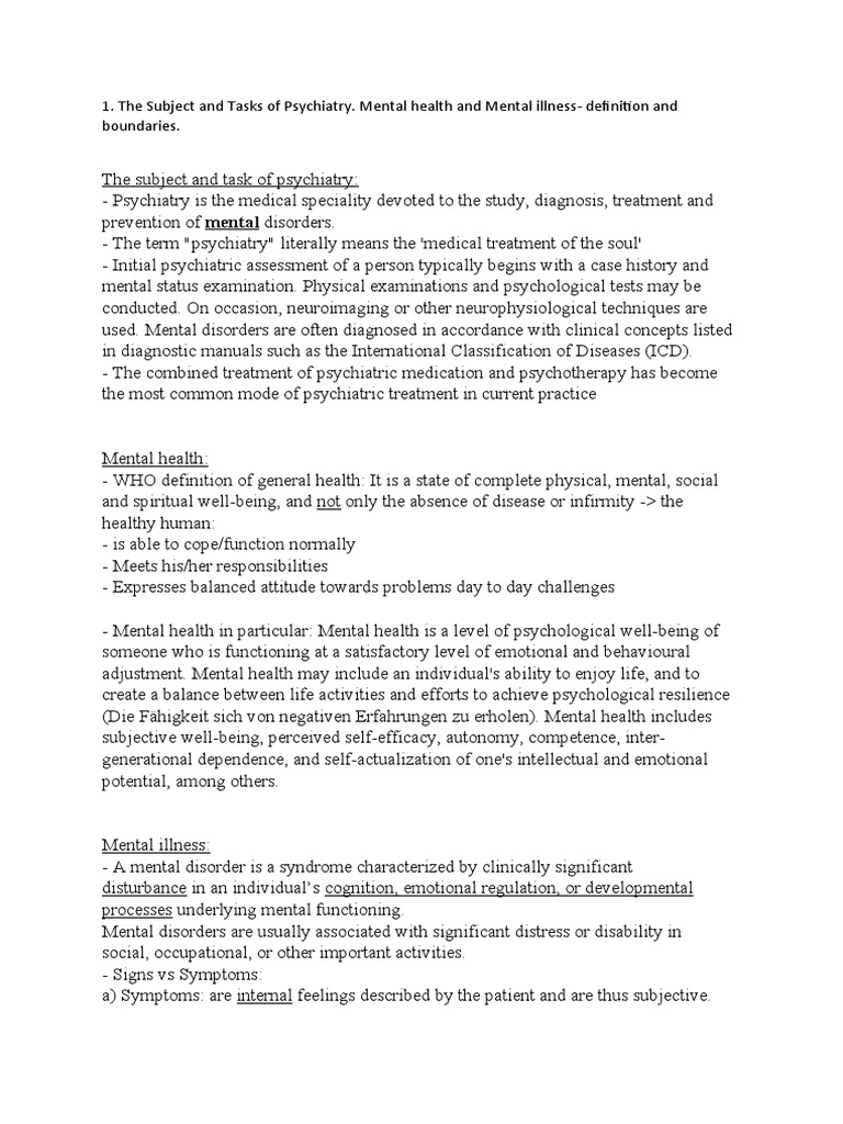 The Subject and Tasks of Psychiatry. Mental Health and Mental Illness