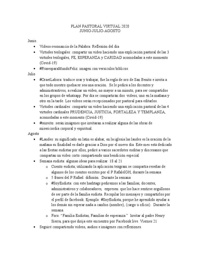 Plan Pastoral Virtual 2020: Actividades y Reflexiones | PDF | Oración ...