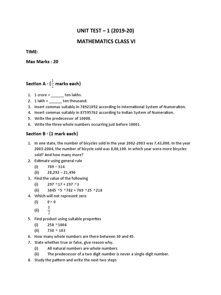 UNIT TEST - 1 (2019-20) Mathematics Class Vi: Time: Max Marks: 20 | PDF