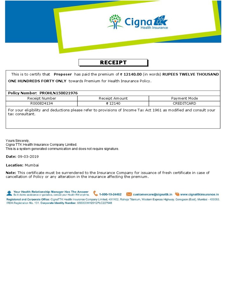 Health Insurance Premium Receipt | PDF | Finance & Money Management ...