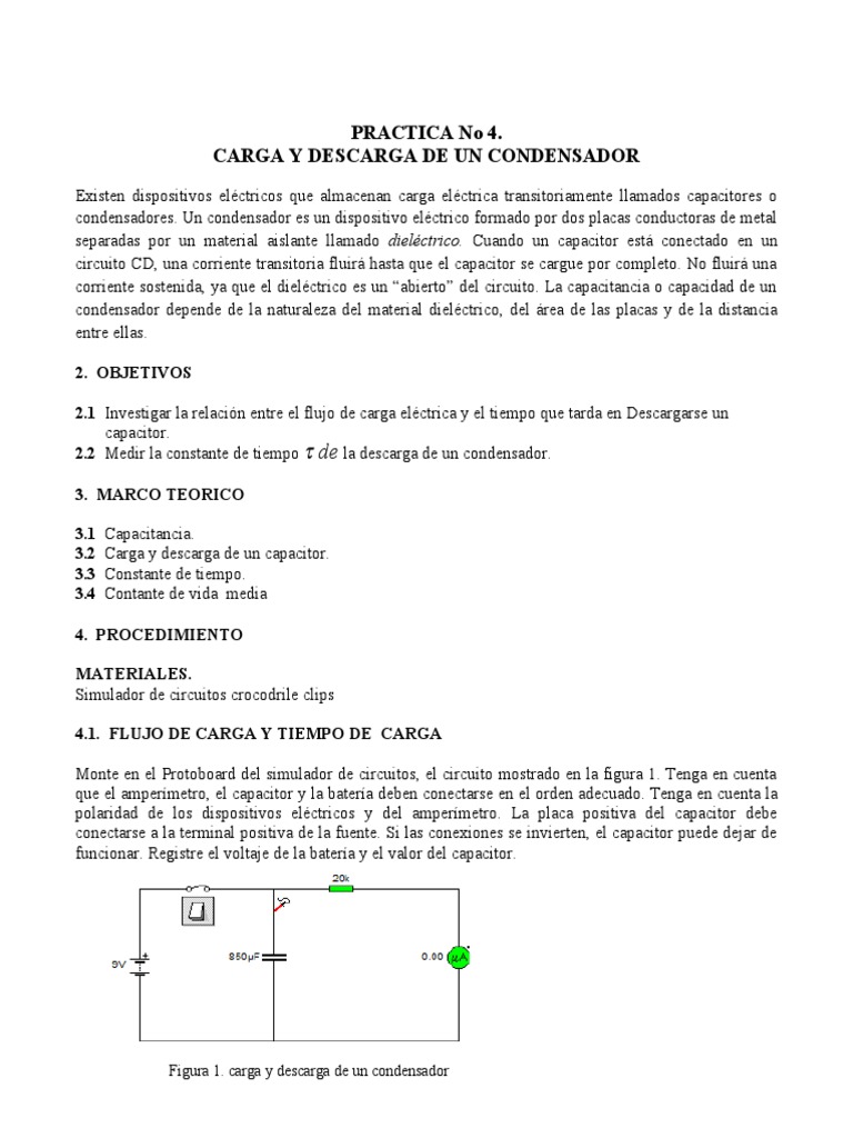 Carga y Descarga de Un Condensador PDF Condensador Corriente