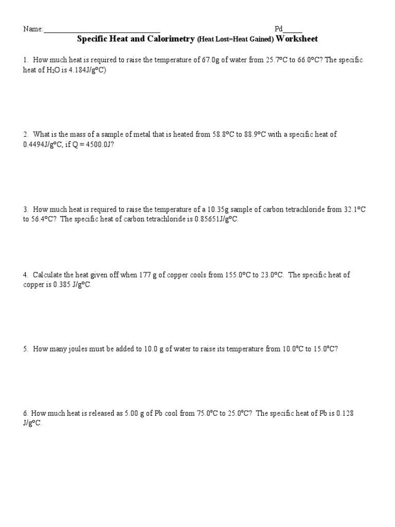 Specific Heat and Calorimetry Worksheet Regarding Calorimetry Worksheet Answer Key