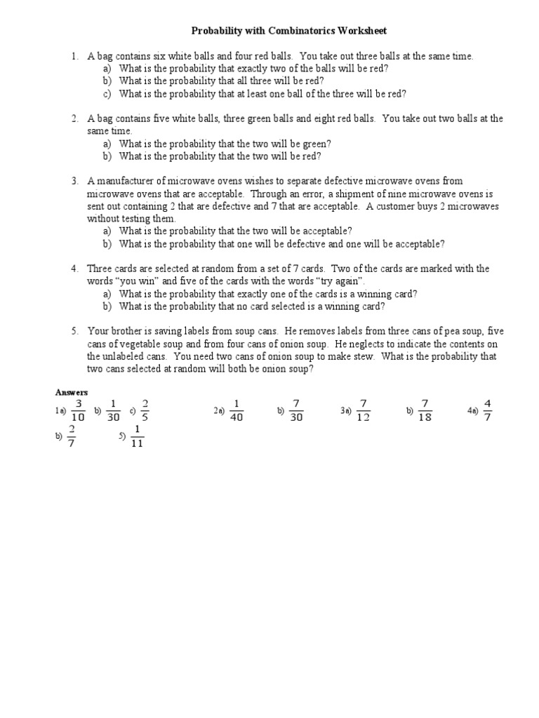 Probability With Combinatorics Worksheet Answers PDF Soup Cooking