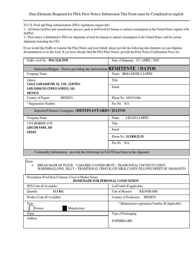 Formato FDA 5939 PDF Food And Drug Administration Foods