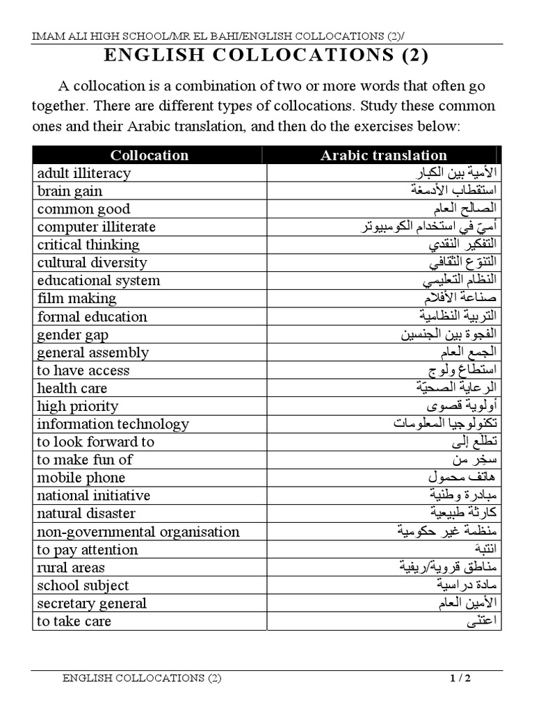 English Collocations (2) : Collocation Arabic Translation | PDF ...