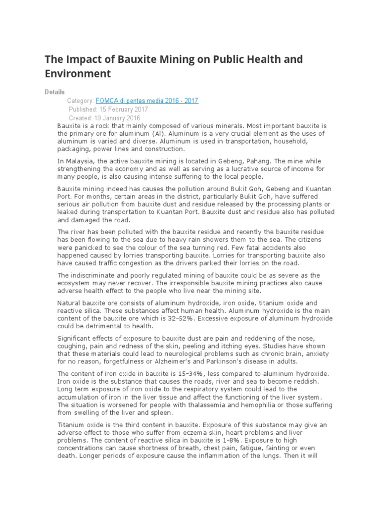 The Impact of Bauxite Mining On Public Health and Environment | PDF ...
