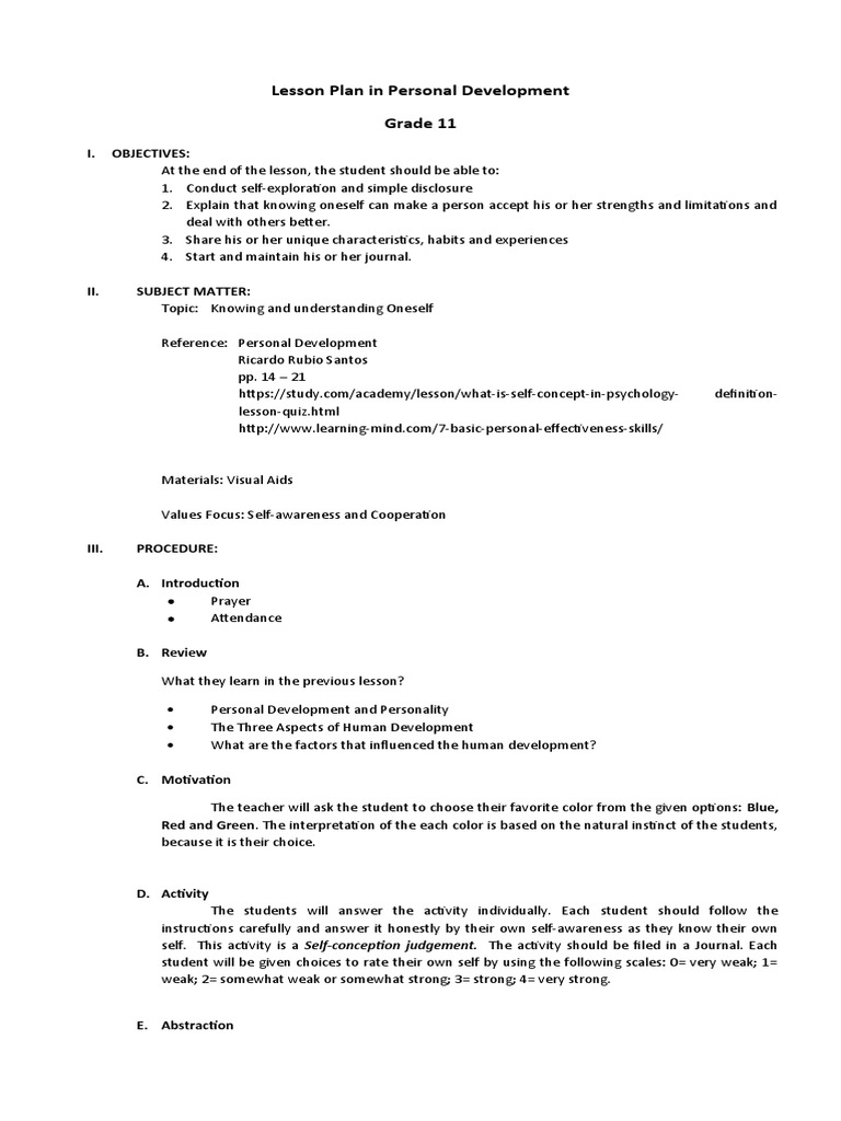 Lesson Plan in Personal Development | PDF | Self | Nature Versus Nurture