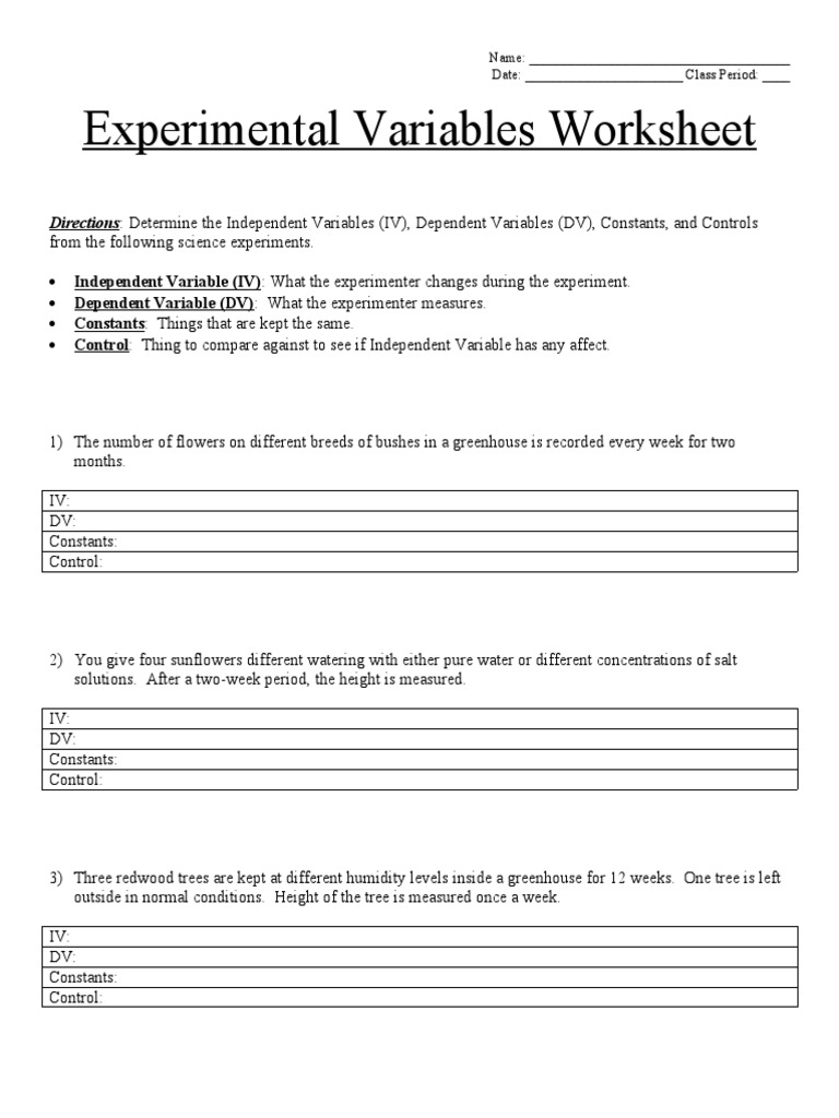 Experimental Variables Worksheet | PDF | Experiment | Nature