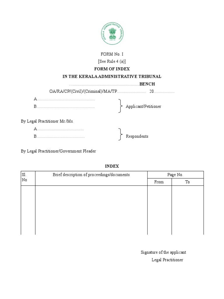 Kerala Administrative Tribunal Index Form | PDF