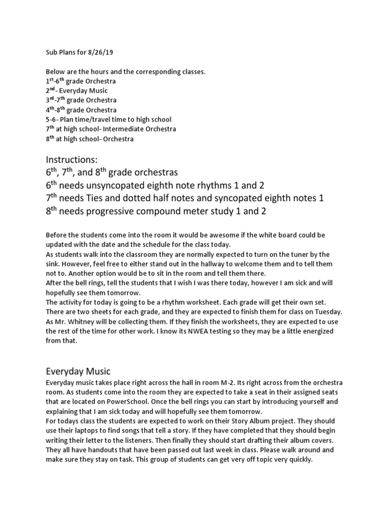 Sub Plans For 8 26 Pdf Entertainment General