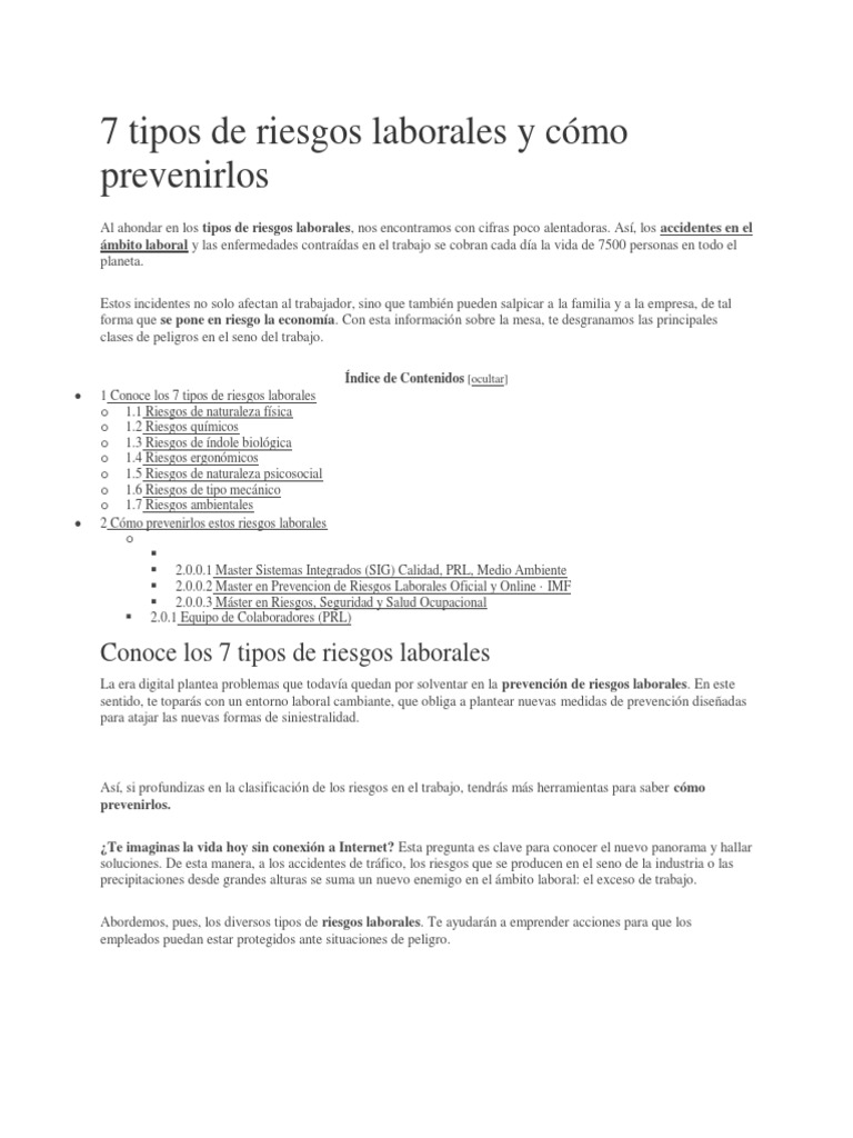 7 Tipos de Riesgos Laborales y Prevención | PDF | Riesgo | Factores ...