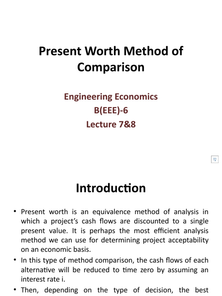 Present Worth Method in Engineering Economics | PDF | Interest | Revenue