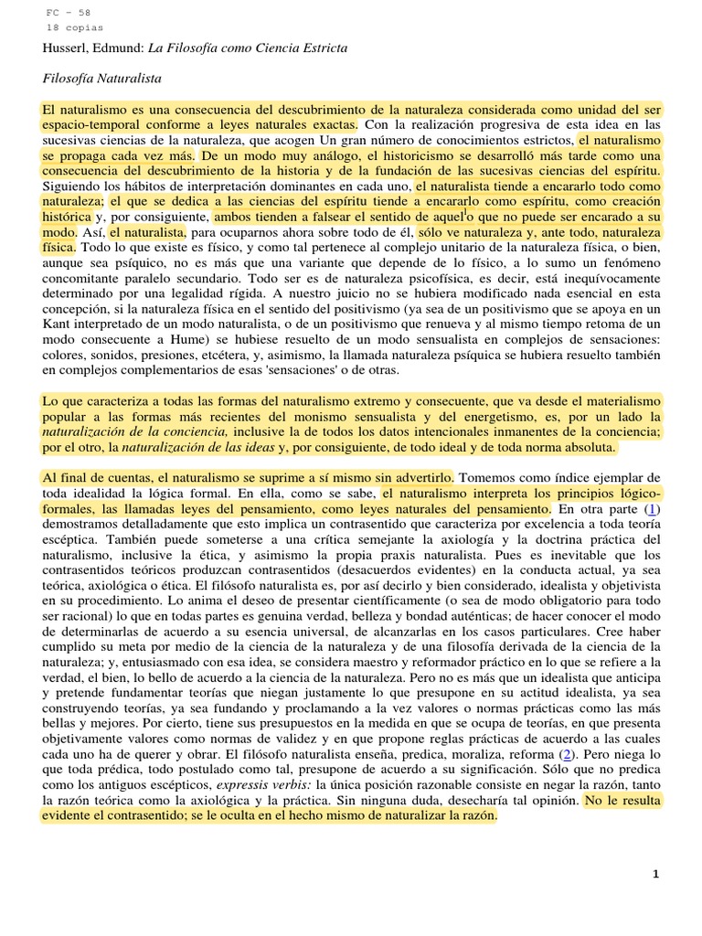 Husserl La Filosofia Como Ciencia Estricta. Filosofia Naturalista PDF