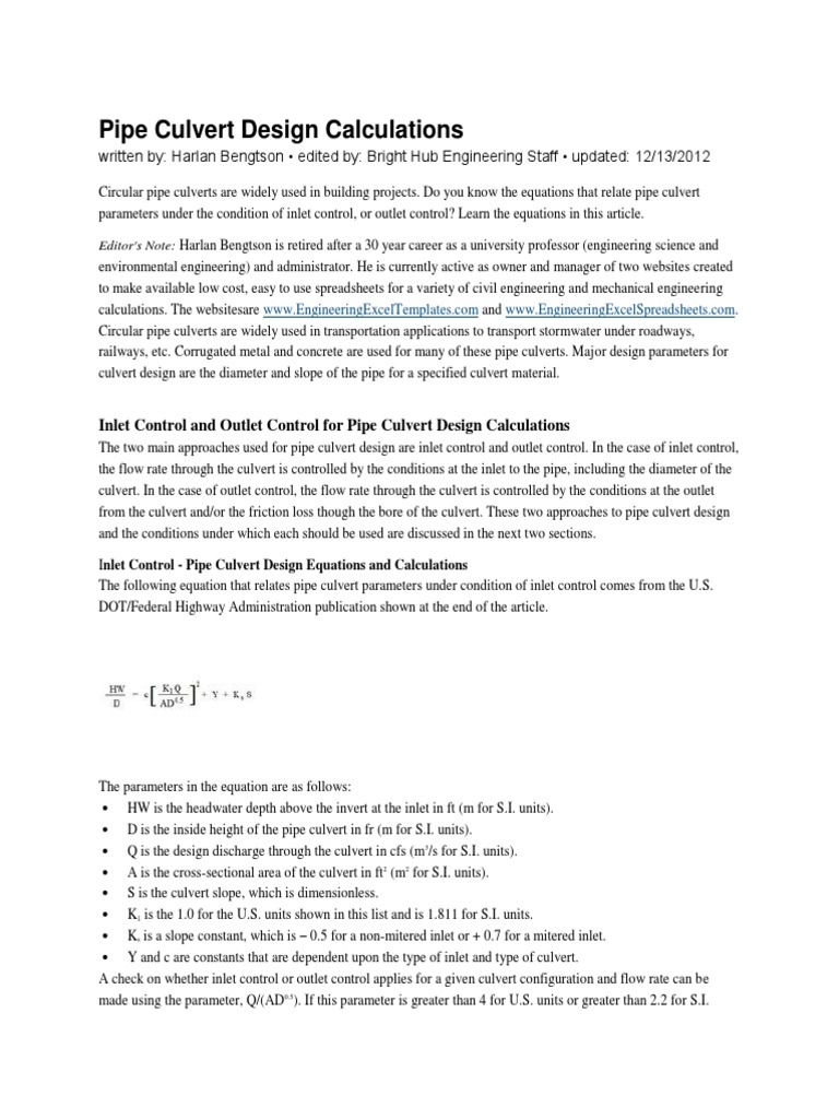 Pipe Culvert Design Calculations Guide | PDF | Science & Mathematics ...