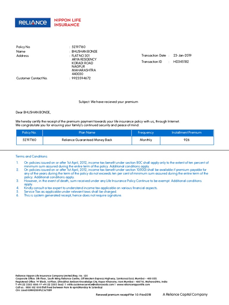 Life Insurance Premium Receipt Confirmation | PDF | Insurance | Life ...