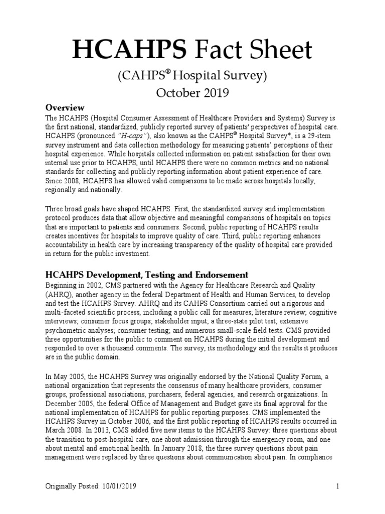 Hcahps Fact Sheet October 2019 Pdf Survey Methodology Hospital