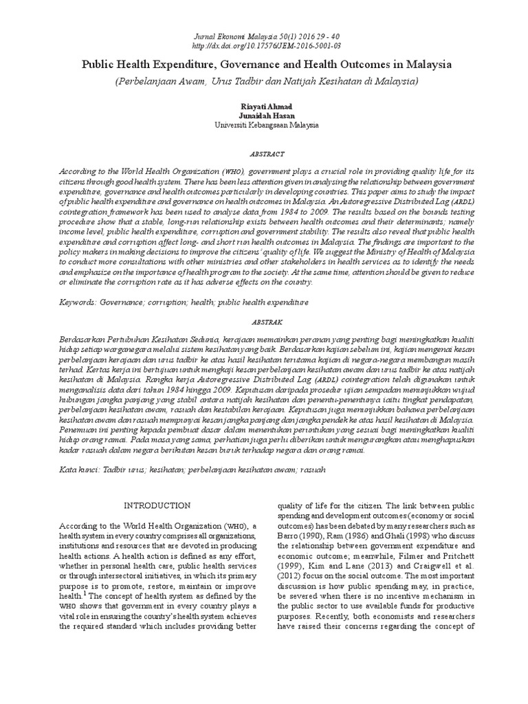 Public Health Expenditure, Governance and Health Outcomes in Malaysia ...