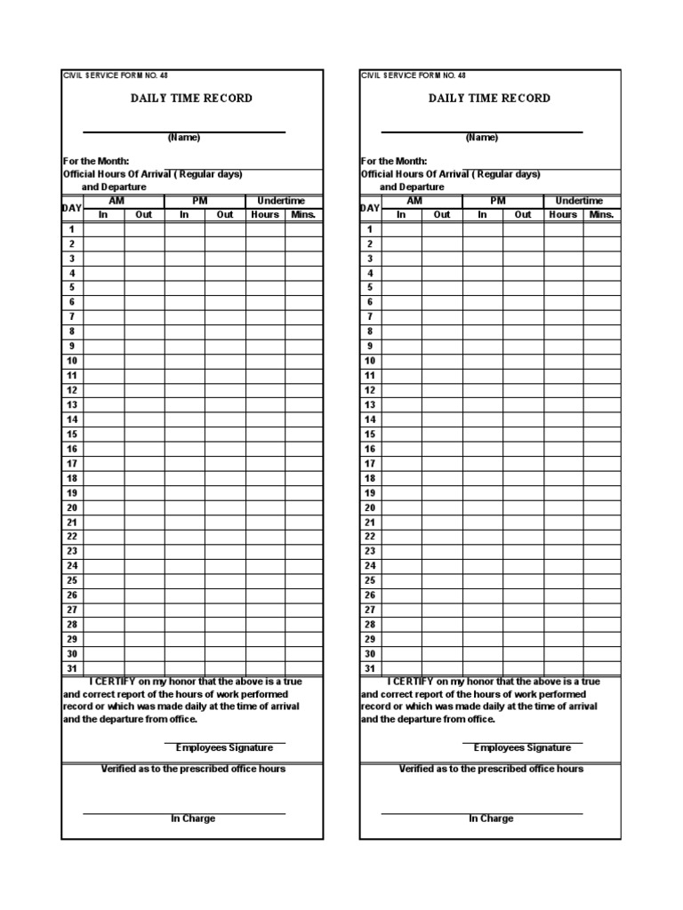 Daily Time Record Daily Time Record: Civil Service Form No. 48 Civil ...