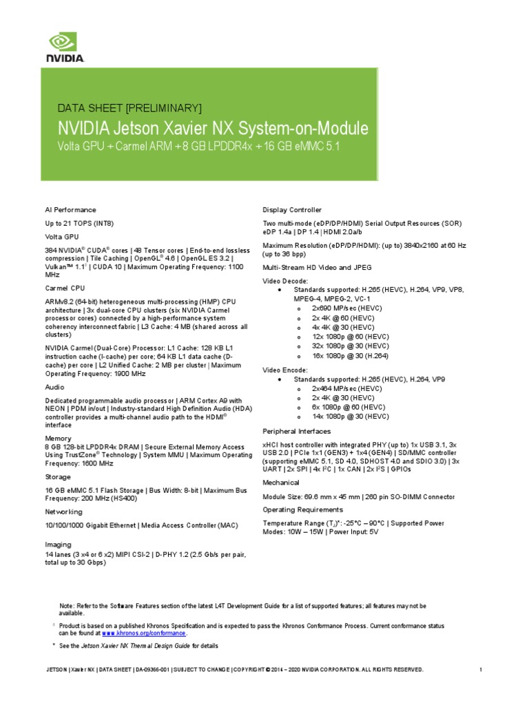Jetson Xavier NX Data Sheet v1.3 | PDF | Shader | Hdmi