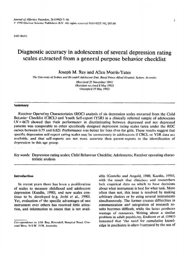 Diagnostic Accuracy in Adolescents of Several Depression | PDF | Major ...