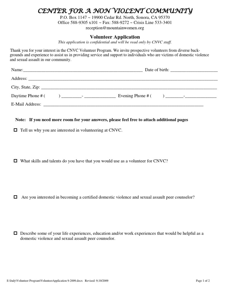 CNVC Volunteer Application Form | PDF | Domestic Violence | Violence
