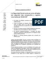 Nota de prensa del Ministerio de Trabajo, Migraciones y Seguridad Social sobre los datos de afiliación a la Seguridad Social de junio del 2020.