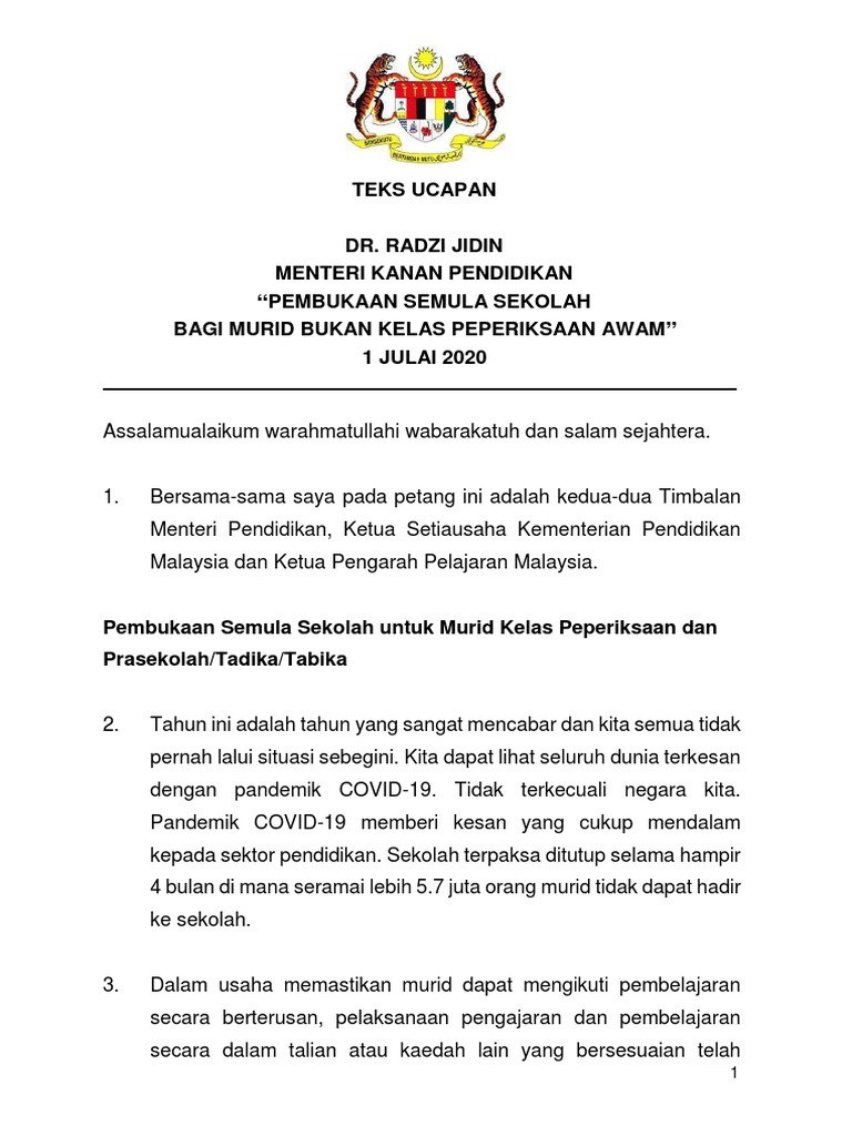 Teks Ucapan Sidang Media Ybmk Pendidikan Berhubung Pembukaan Semula Sekolah Bagi Murid Bukan Kelas Peperiksaan Awam 1 Julai 2020 Pdf