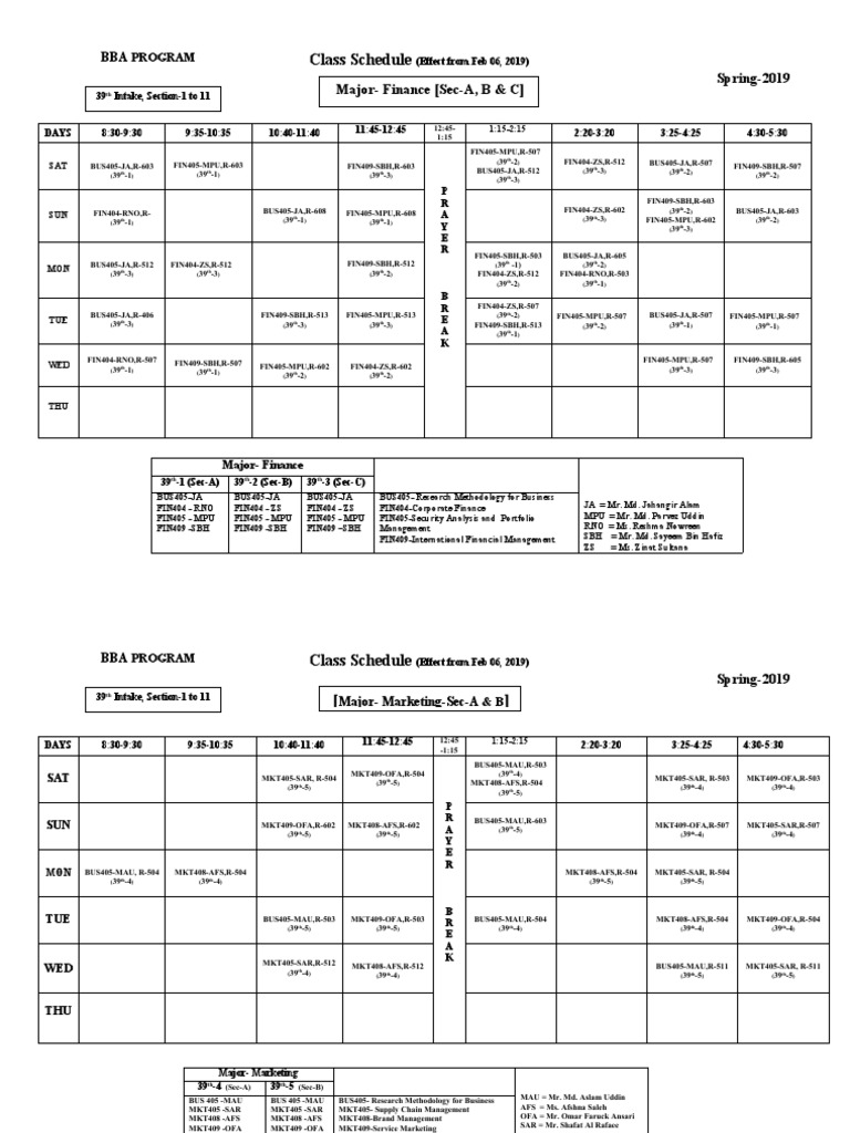 Class Schedule: Spring-2019 Major-Finance (Sec-A, B & C) | PDF ...