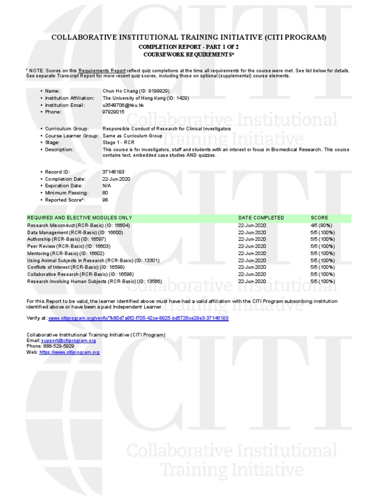 CITI Program Completion Report RCR | PDF | Inquiry | Cognition