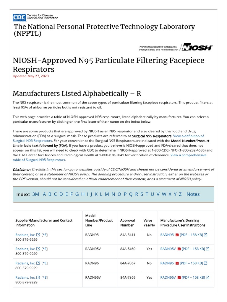 NIOSH Approved N95 Respirators R Suppliers List NPPTL NIOSH CDC