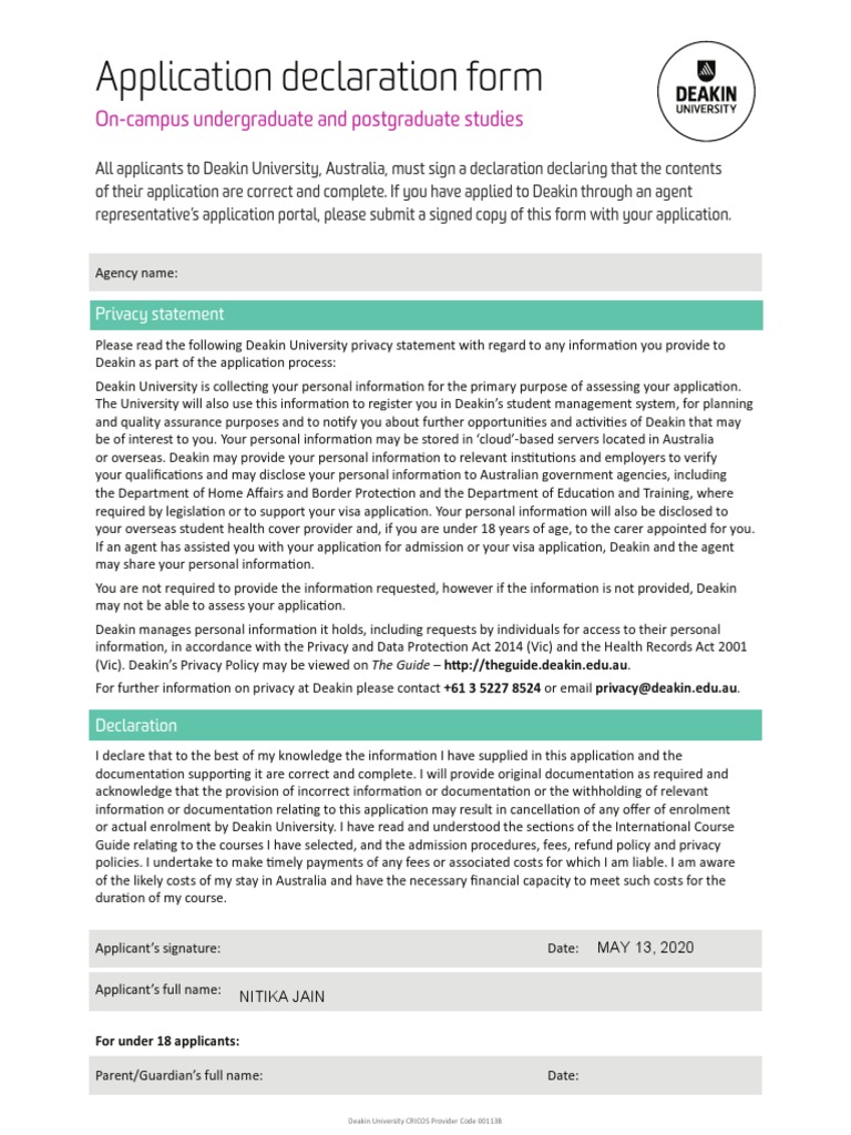 Deakin University Application Declaration Form | PDF | Cyberspace | Privacy