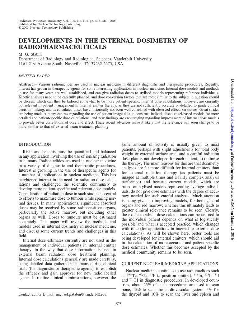 Developments in The Internal Dosimetry of Radiopharmaceuticals. | PDF ...