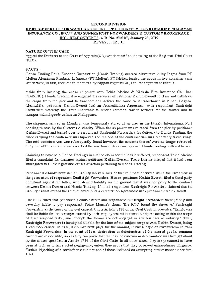 Keihin Everett Forwarding Co Inc V Tokio Marine And Sunfreight Forwarders Pdf Subrogation Equity Law