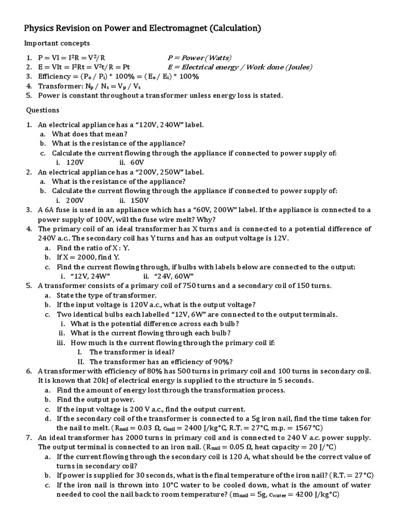 Physics Revision On Power and Electromagnet (Calculation) : 2 2 2 2 o I ...