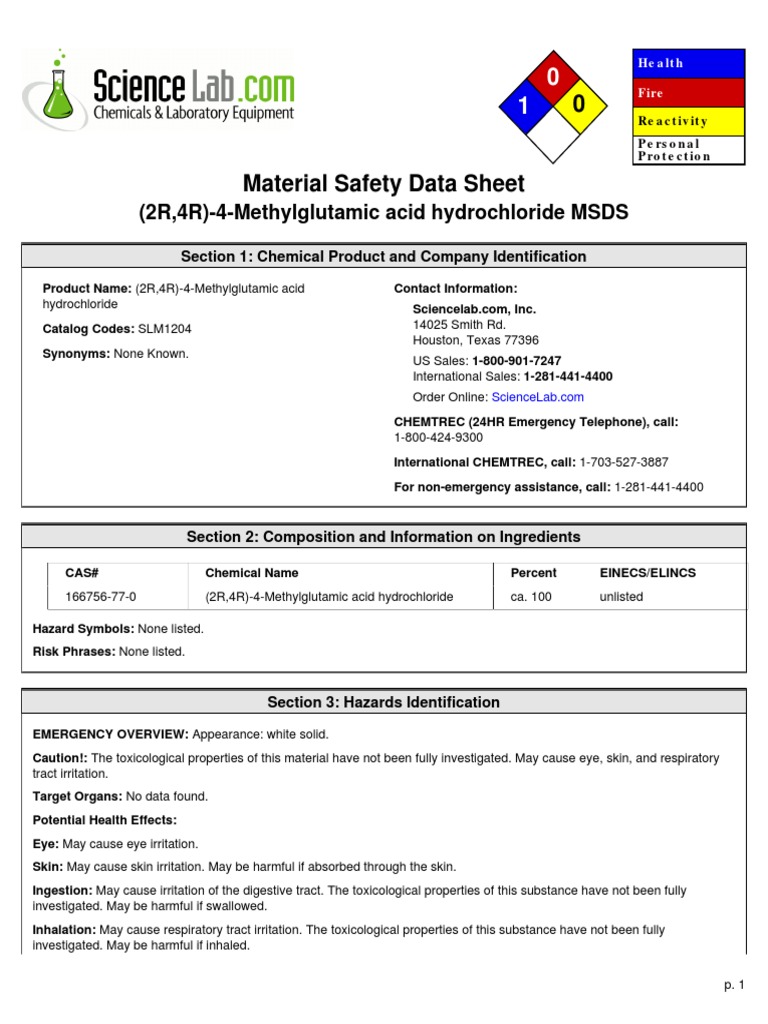 (2R, 4R) 4Methylglutamic Acid Hydrochloride MSDS Section 1