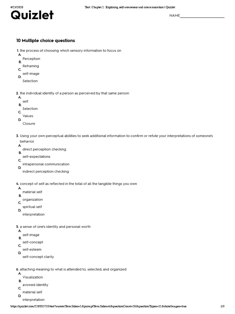 Test Chapter 2 Exploring SelfAwareness and Communication Quizlet