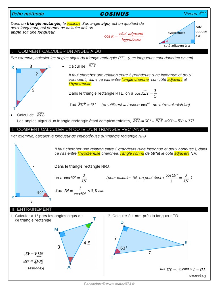 Comment Calculer Un Coté D un Triangle Rectangle FM Cosinus | PDF | Fonction trigonométrique | Angle