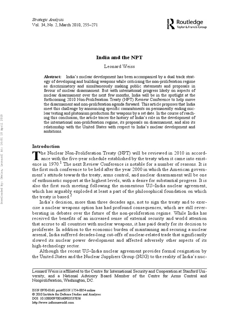 Weiss India and The NPT | PDF | Treaty On The Non Proliferation Of ...