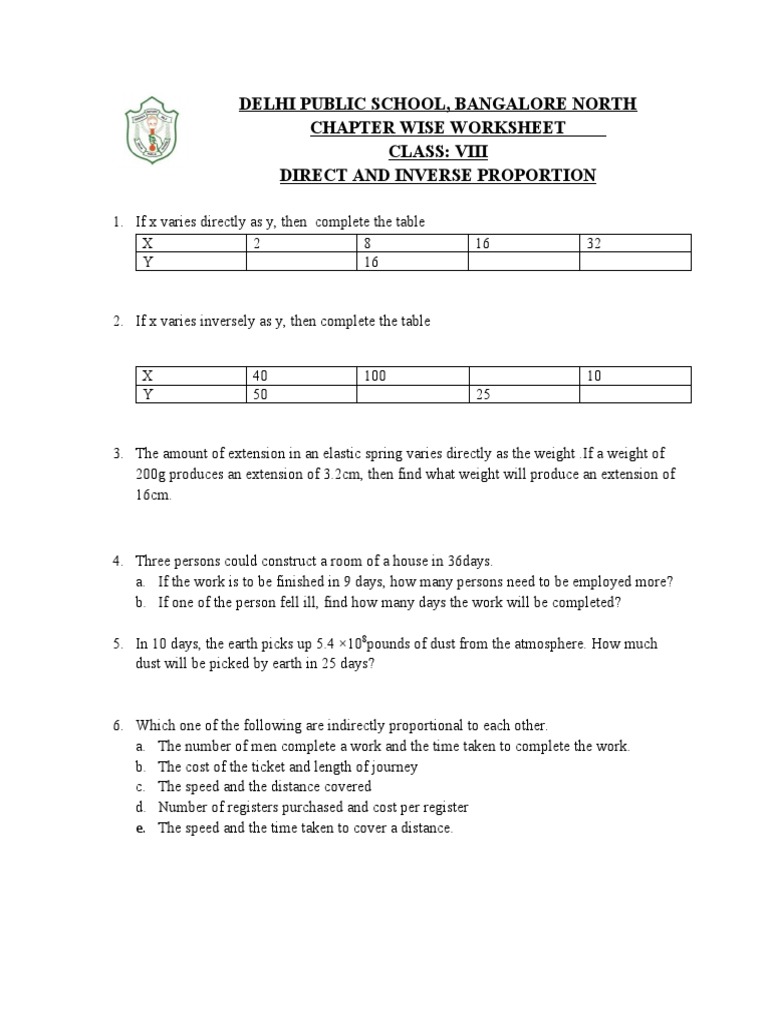 Class 8 Direct and Inverse Proportion Worksheet | PDF