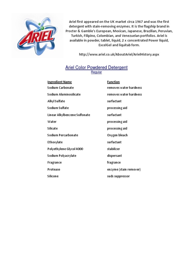 Ariel Color Powdered Detergent Regular Components PDF