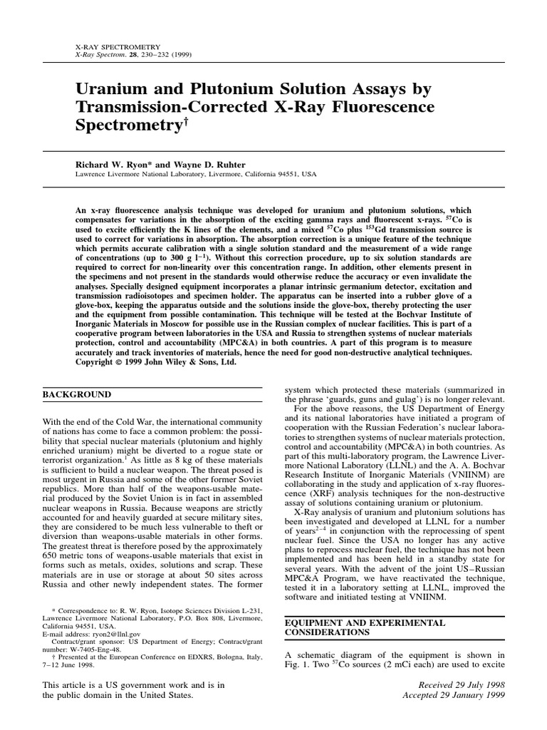 Uranium and Plutonium Solution Assays by TransmissionCorrected XRay