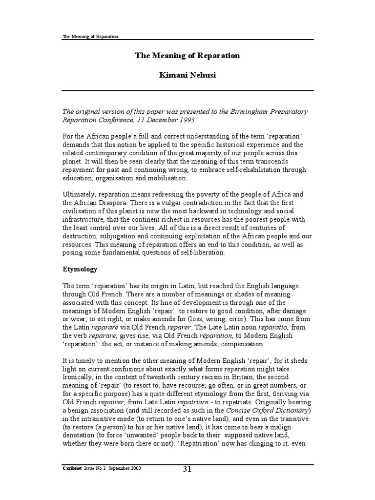 Kimani Nehusi The Meaning of Reparations | PDF | Damages | Slavery