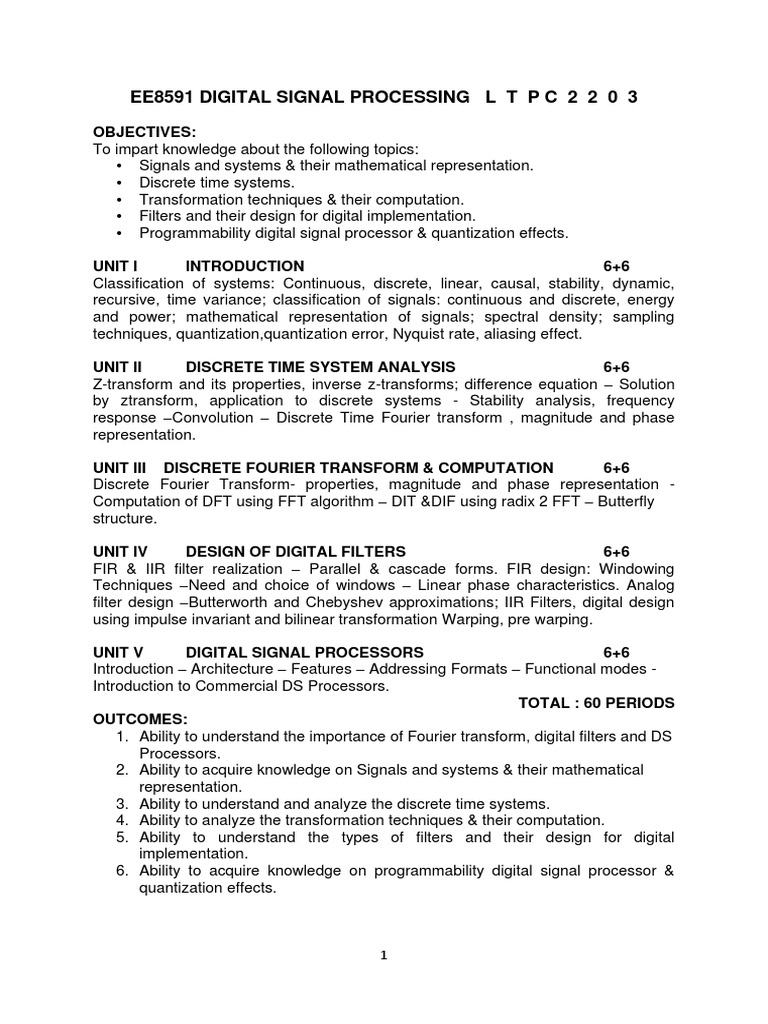 EE8591 DIGITAL SIGNAL PROCESSING Syllabus PDF Discrete Fourier
