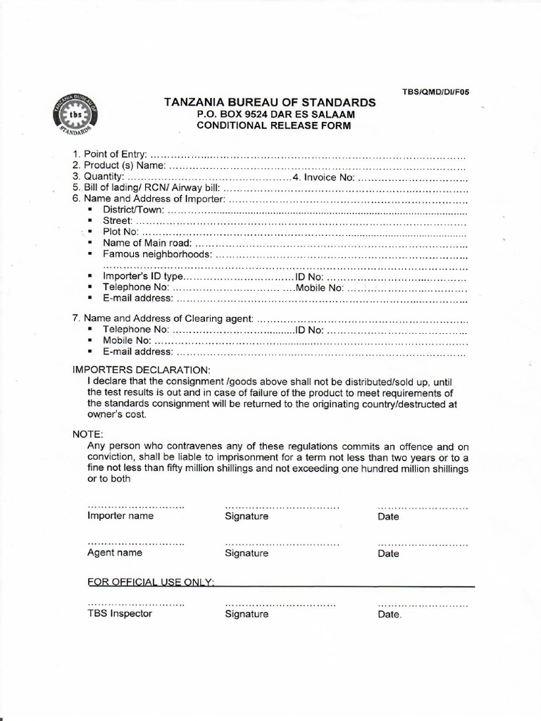 TBS Condtional Release Form PDF